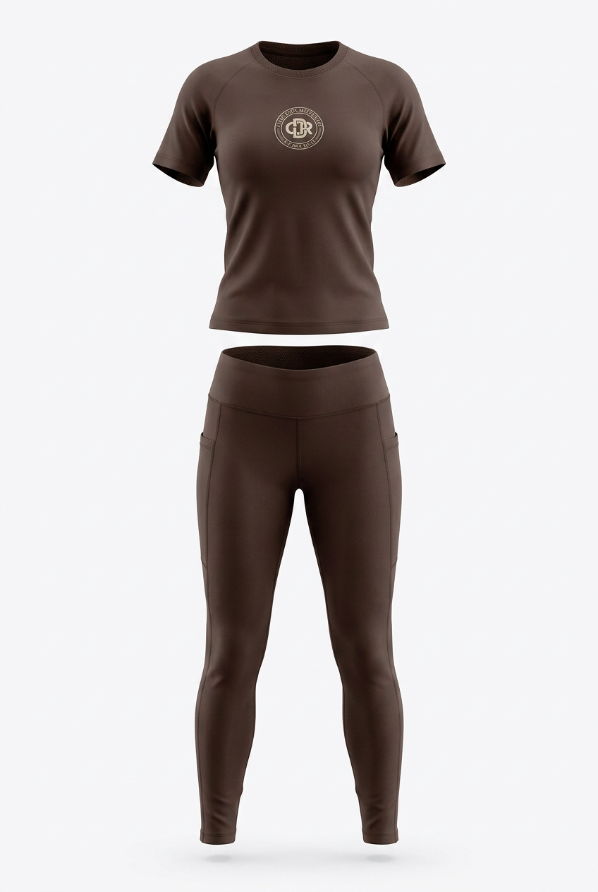CDR Chocolate Brown Two-Piece Performance Yoga Set with Beige logo