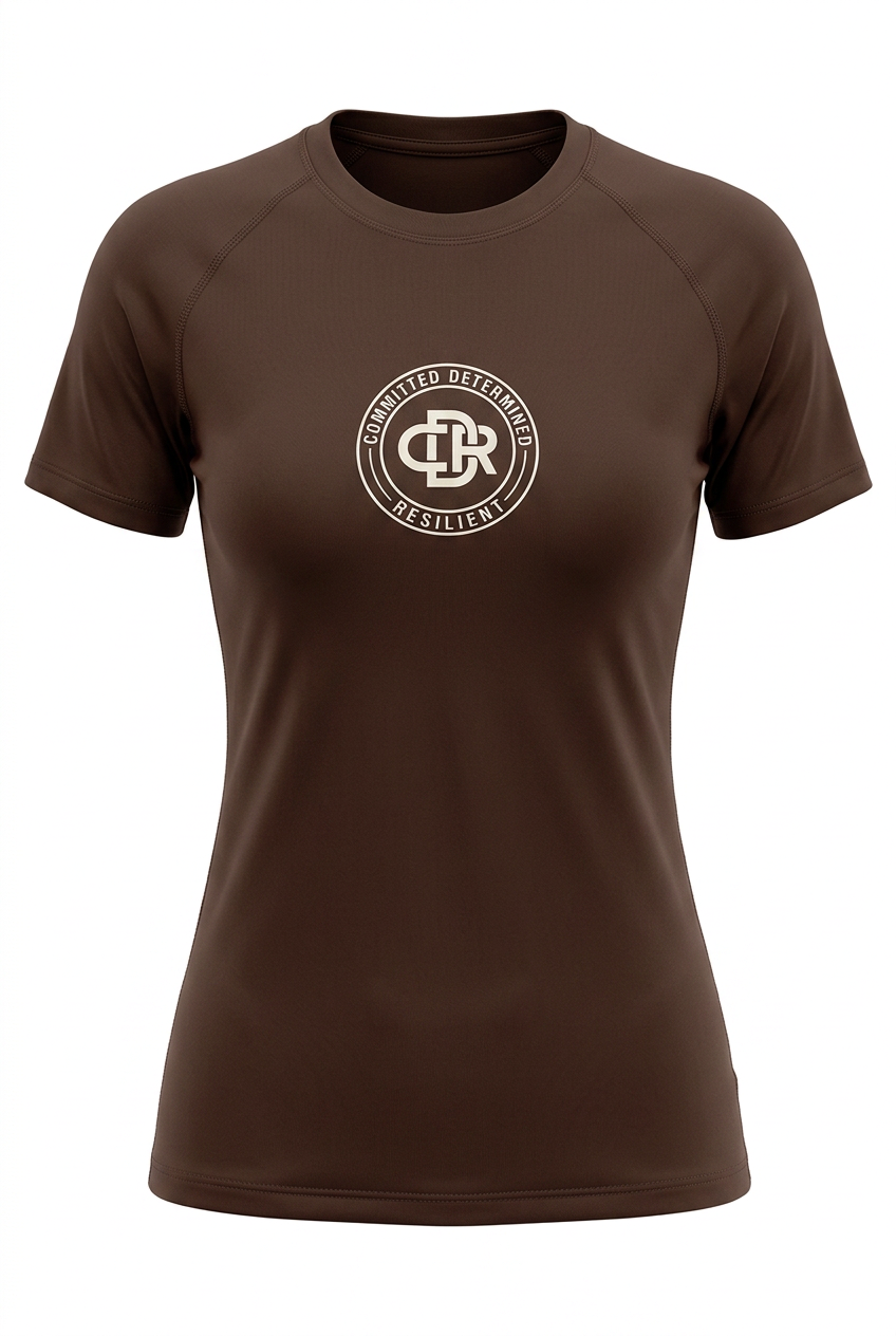 CDR Chocolate Brown Two-Piece Performance Yoga Set with Beige logo