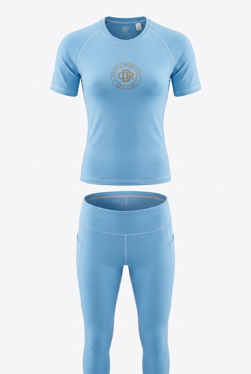 CDR Sky Blue Two-Piece Performance Yoga Set with Beach Sand logo.