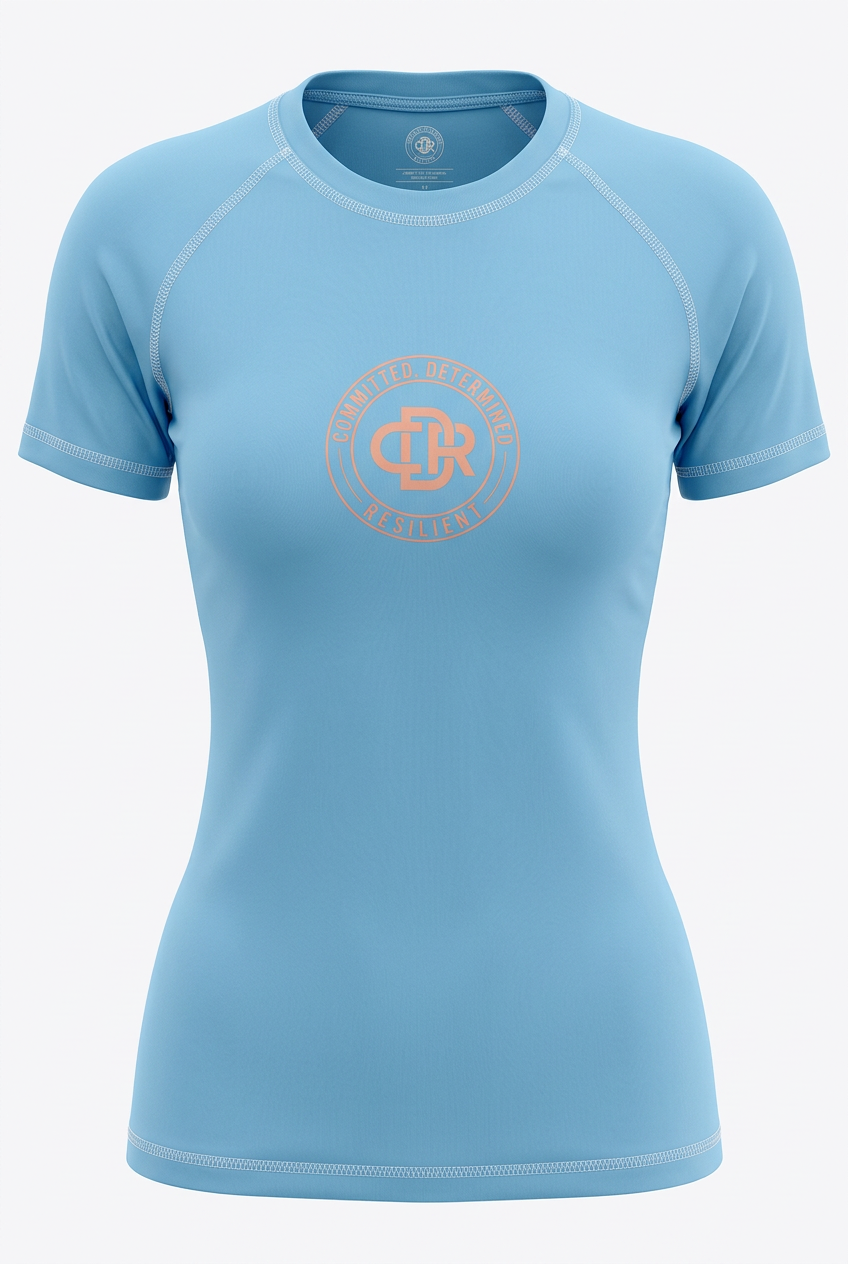 CDR Sky Blue Two-Piece Performance Yoga Set with Beach Sand logo.