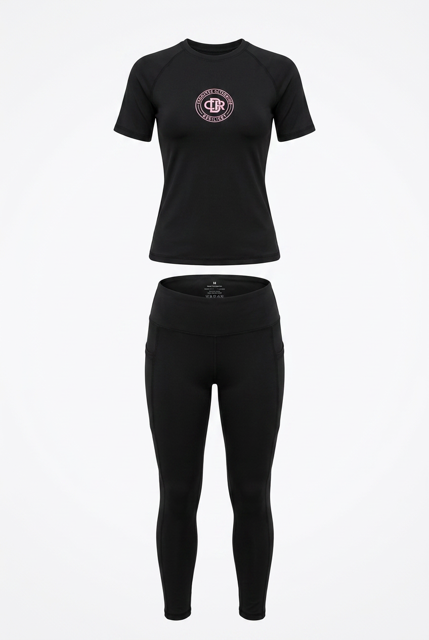 CDR Midnight Black Two-Piece Performance Yoga Set with Hot Pink logo.
