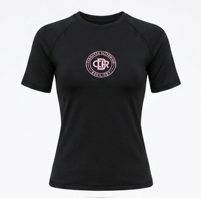 CDR Midnight Black Two-Piece Performance Yoga Set with Hot Pink logo.