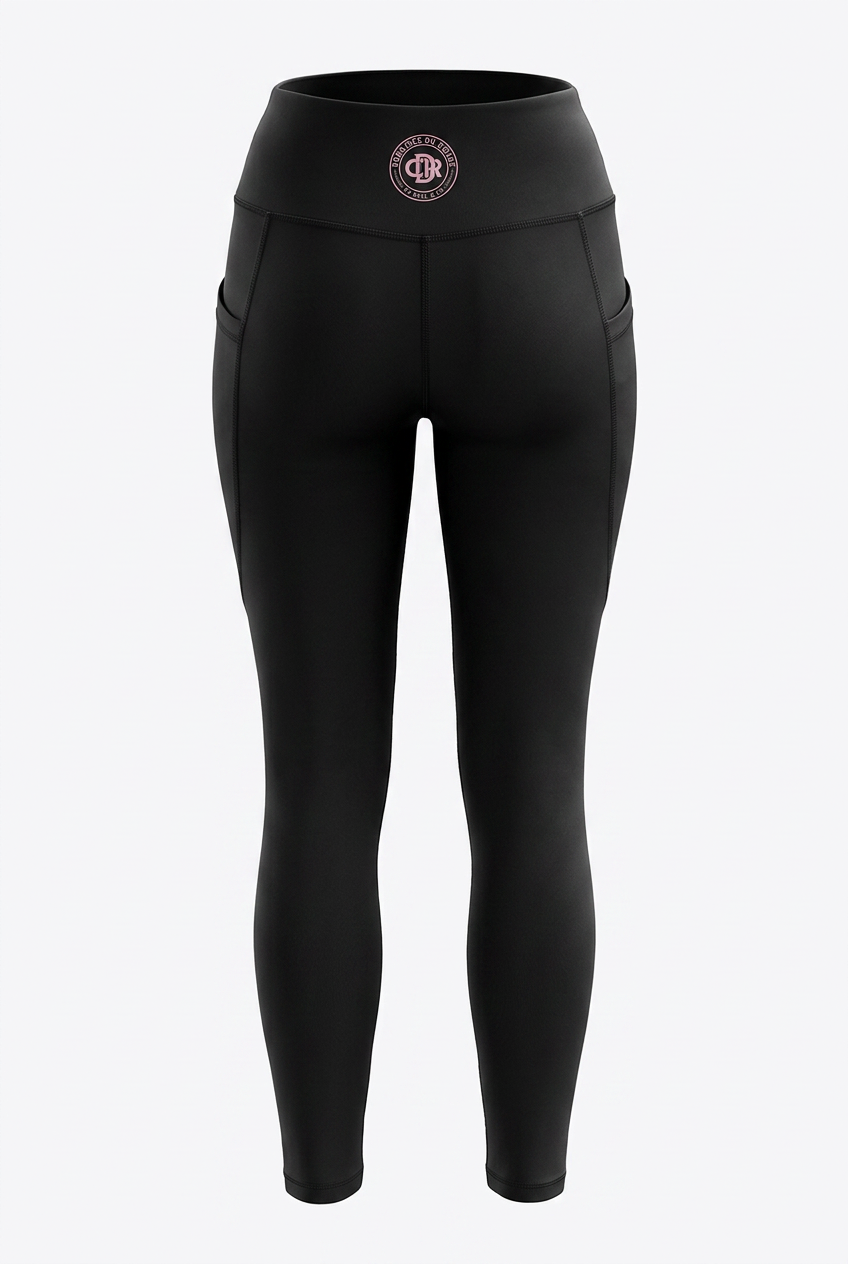 CDR Midnight Black Two-Piece Performance Yoga Set with Hot Pink logo.