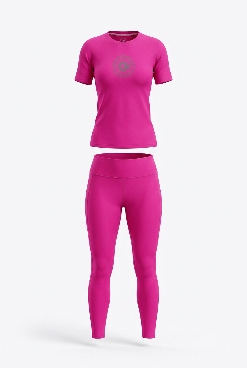 CDR Hot Pink Two-Piece Performance Yoga Set with Ash Gray logo.