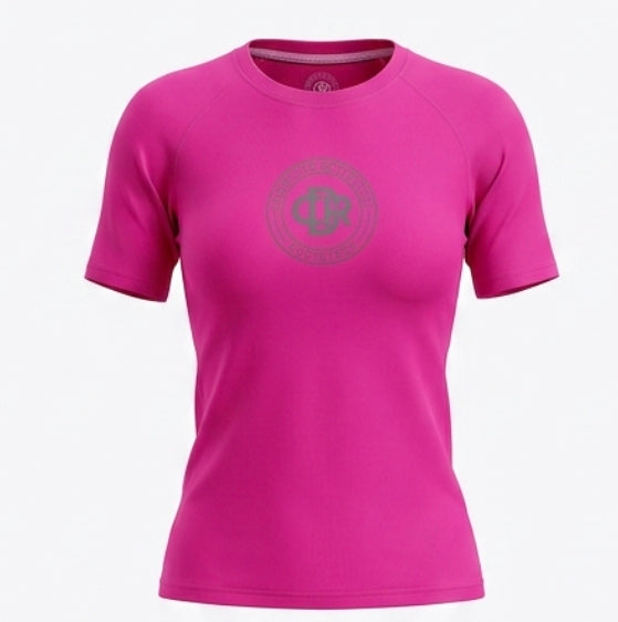 CDR Hot Pink Two-Piece Performance Yoga Set with Ash Gray logo.