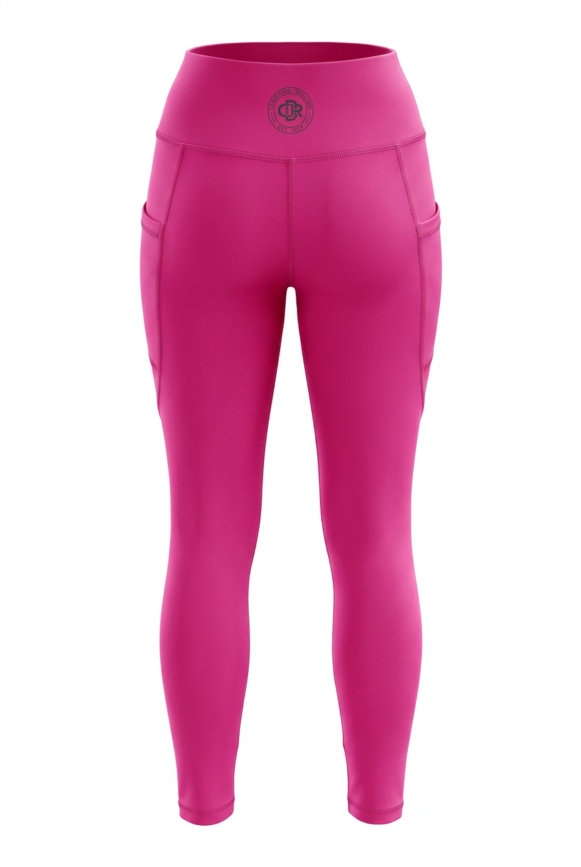 CDR Hot Pink Two-Piece Performance Yoga Set with Ash Gray logo.