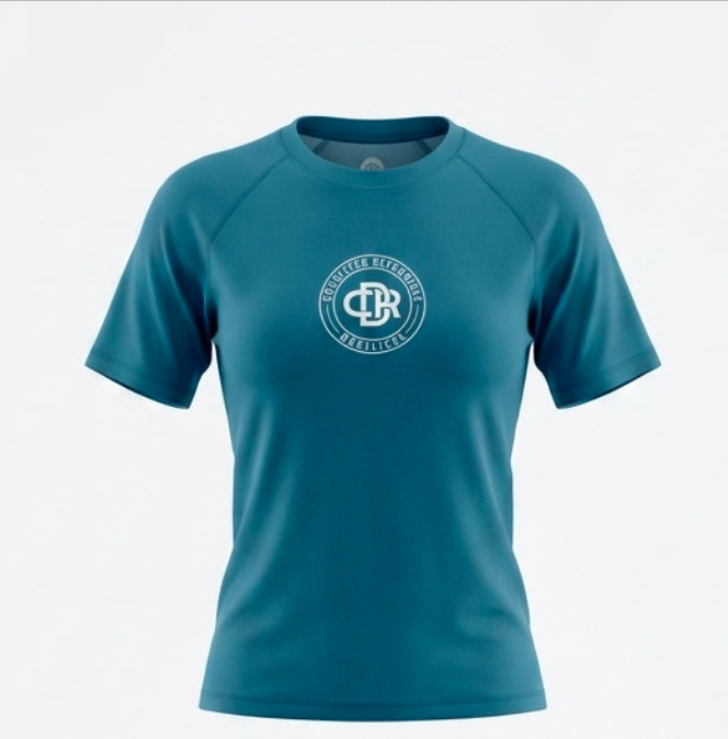 CDR Mermaid Teal Two-Piece Performance Yoga Set with Cloud White logo.