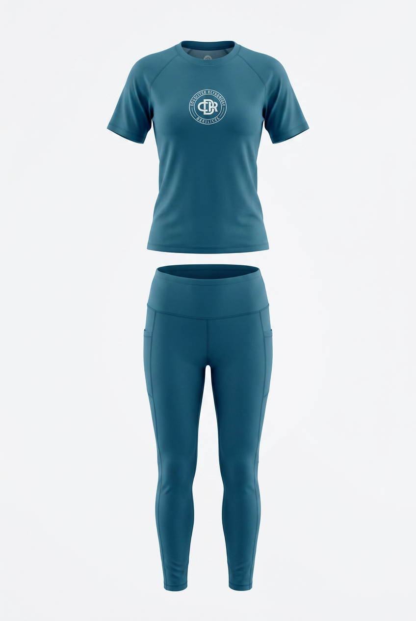 CDR Mermaid Teal Two-Piece Performance Yoga Set with Cloud White logo.