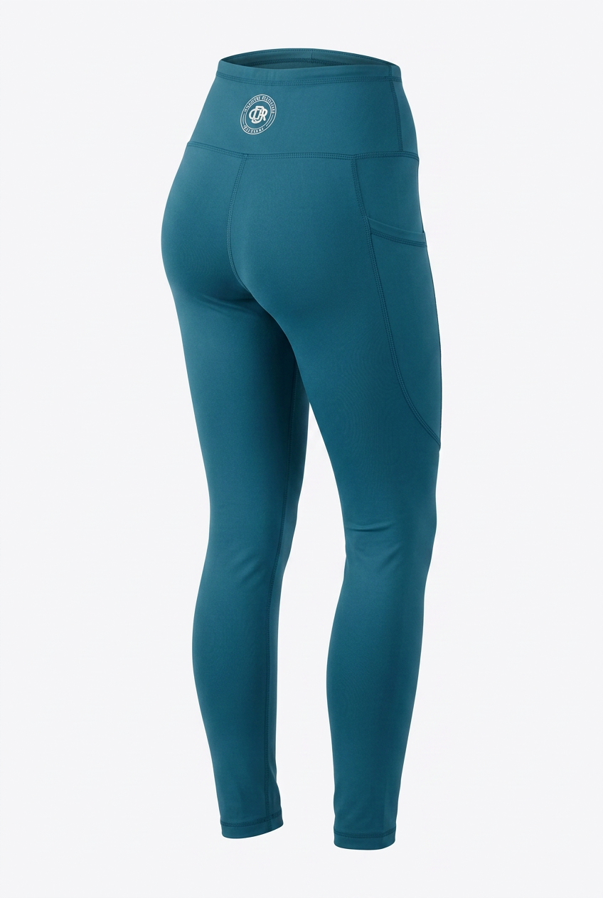CDR Mermaid Teal Two-Piece Performance Yoga Set with Cloud White logo.
