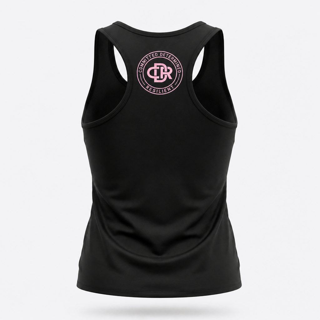 CDR Midnight Black Two-Piece Performance Racer Back Yoga Set with Hot Pink logo!