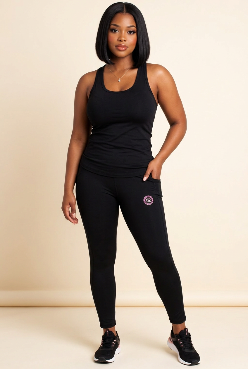 CDR Midnight Black Two-Piece Performance Racer Back Yoga Set with Hot Pink logo!