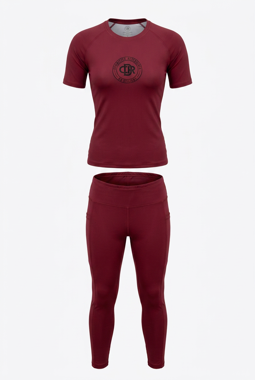 CDR Burgundy Wine Two-Piece Performance Yoga Set with Midnight Black logo.
