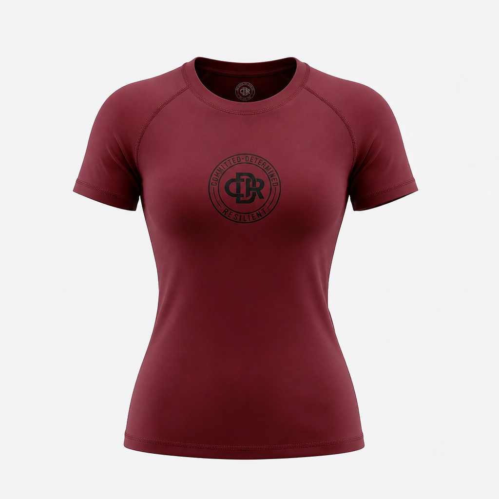 CDR Burgundy Wine Two-Piece Performance Yoga Set with Midnight Black logo.