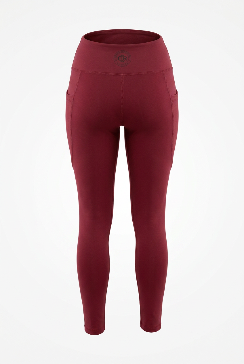 CDR Burgundy Wine Two-Piece Performance Yoga Set with Midnight Black logo.