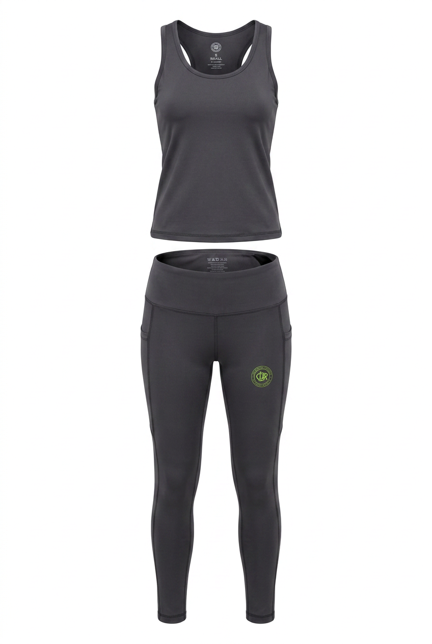 CDR Charcoal Gray Two-Piece Performance Racer Back Yoga Set with Lime Green logo!