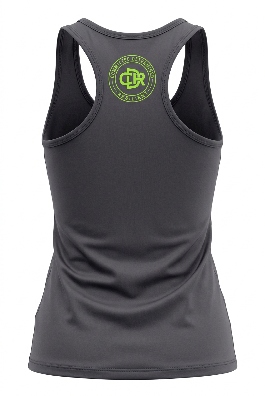 CDR Charcoal Gray Two-Piece Performance Racer Back Yoga Set with Lime Green logo!