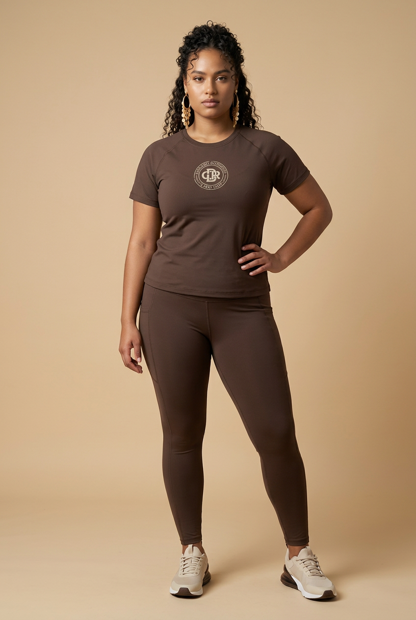 CDR Chocolate Brown Two-Piece Performance Yoga Set with Beige logo