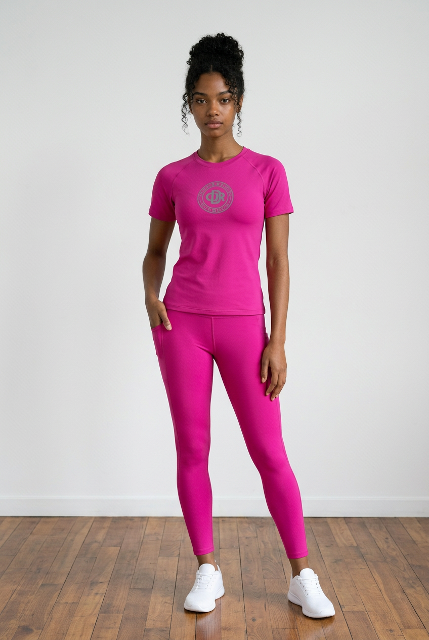 CDR Hot Pink Two-Piece Performance Yoga Set with Ash Gray logo.