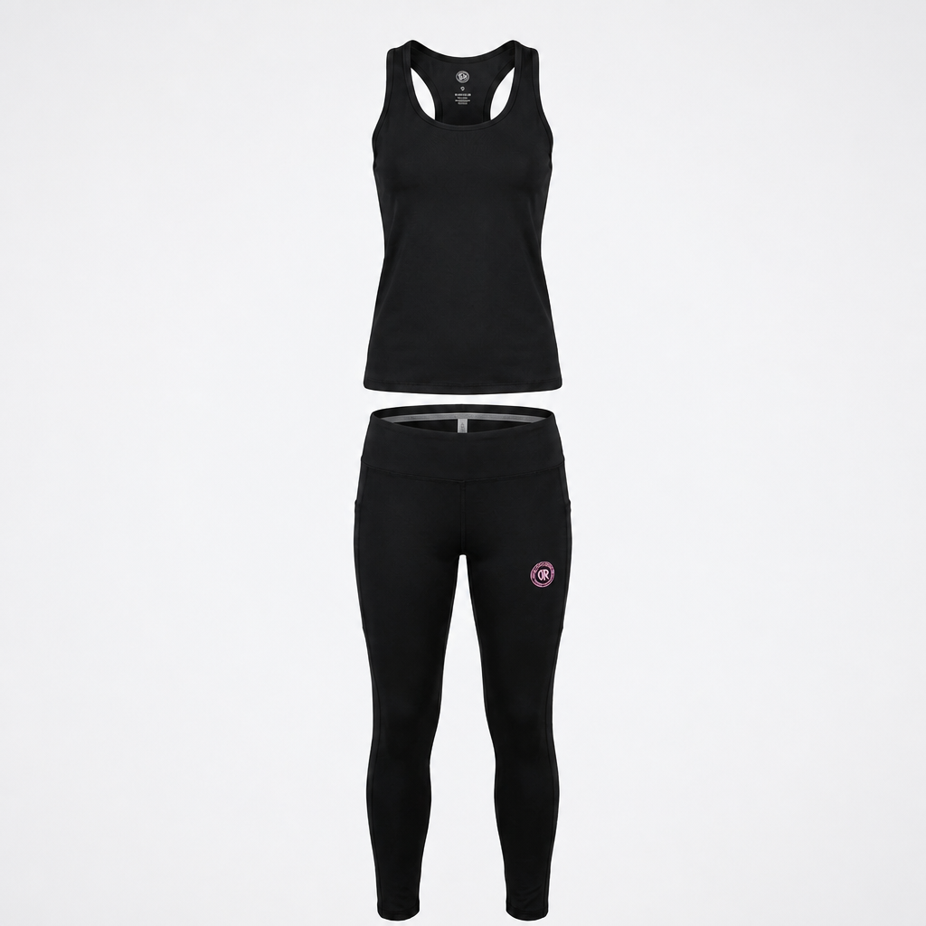 CDR Midnight Black Two-Piece Performance Racer Back Yoga Set with Hot Pink logo!