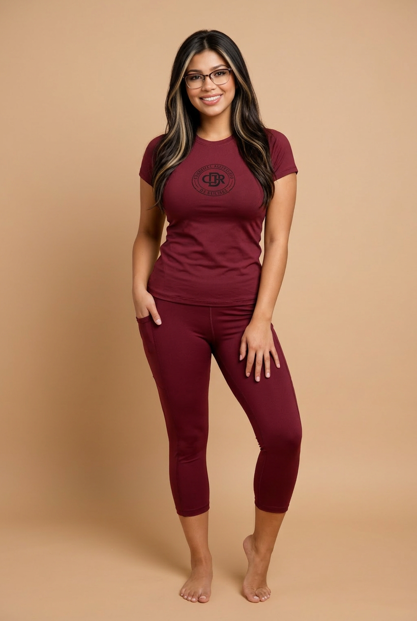 CDR Burgundy Wine Two-Piece Performance Yoga Set with Midnight Black logo.